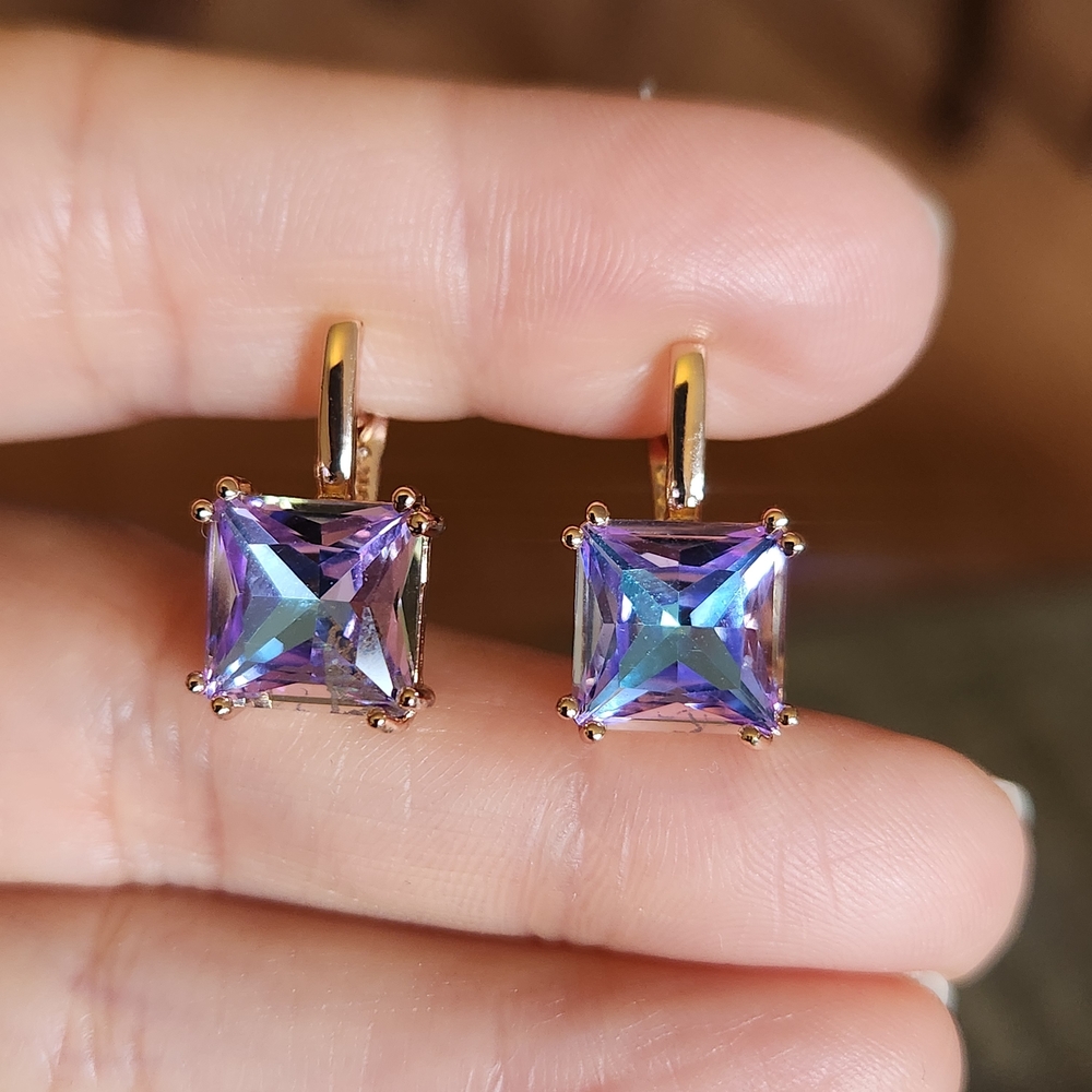 New 14K Gold Plated Princess Cut Blue Purple Gemstones Hoop Earrings for Women